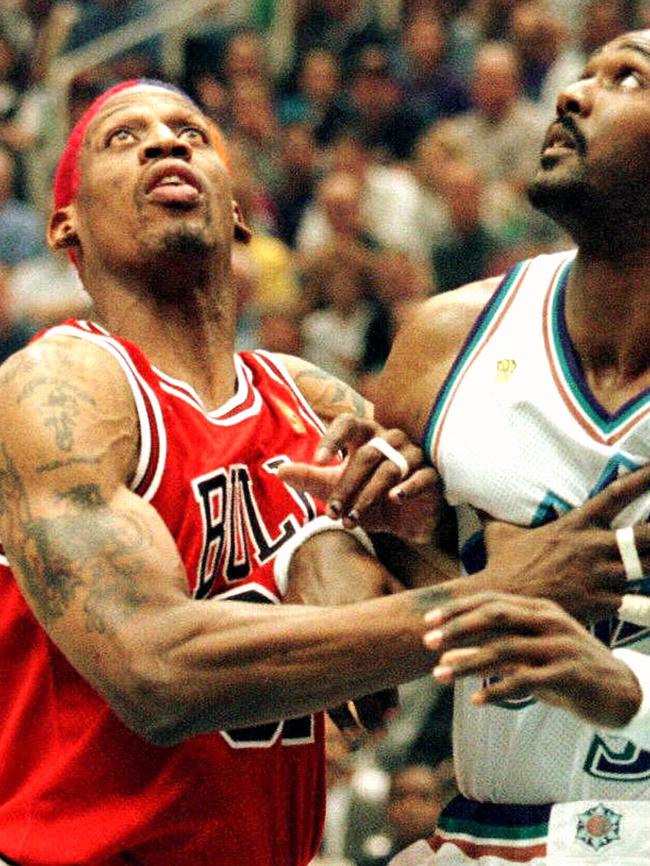 Dennis Rodman positions for rebound during game four of 1997 NBA Finals.