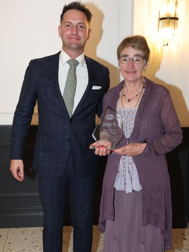 MELBOURNE, AUSTRALIA – OCTOBER 9 2024Victor Sports Brent O’Leary and Liz Ravalli at the VAFA Awards Night at the San Remo Ballroom in Carlton on October 9, 2024Picture: Brendan Beckett