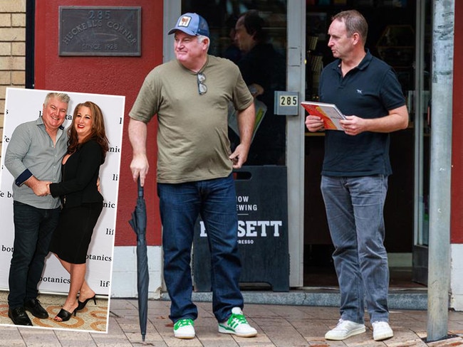 Fallen cricket star Stuart MacGill after a coffee with a mate, main picture, and with partner Maria O'Meagher, inset. Pictures: News Corp/Supplied