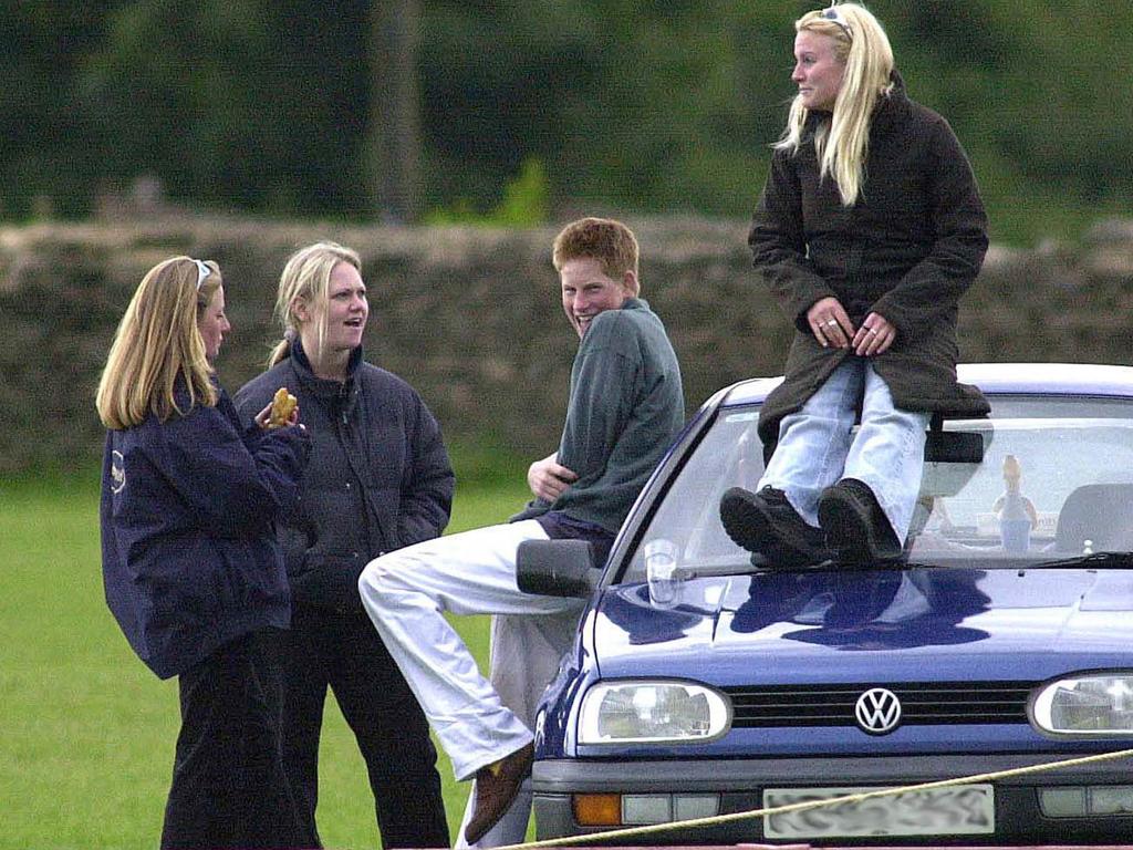 Sasha Walpole, second from left, with Prince Harry and friends in June 2001 at the Beaufort Polo Club in Gloucestershire, weeks before her encounter with the royal. Picture: Getty Images