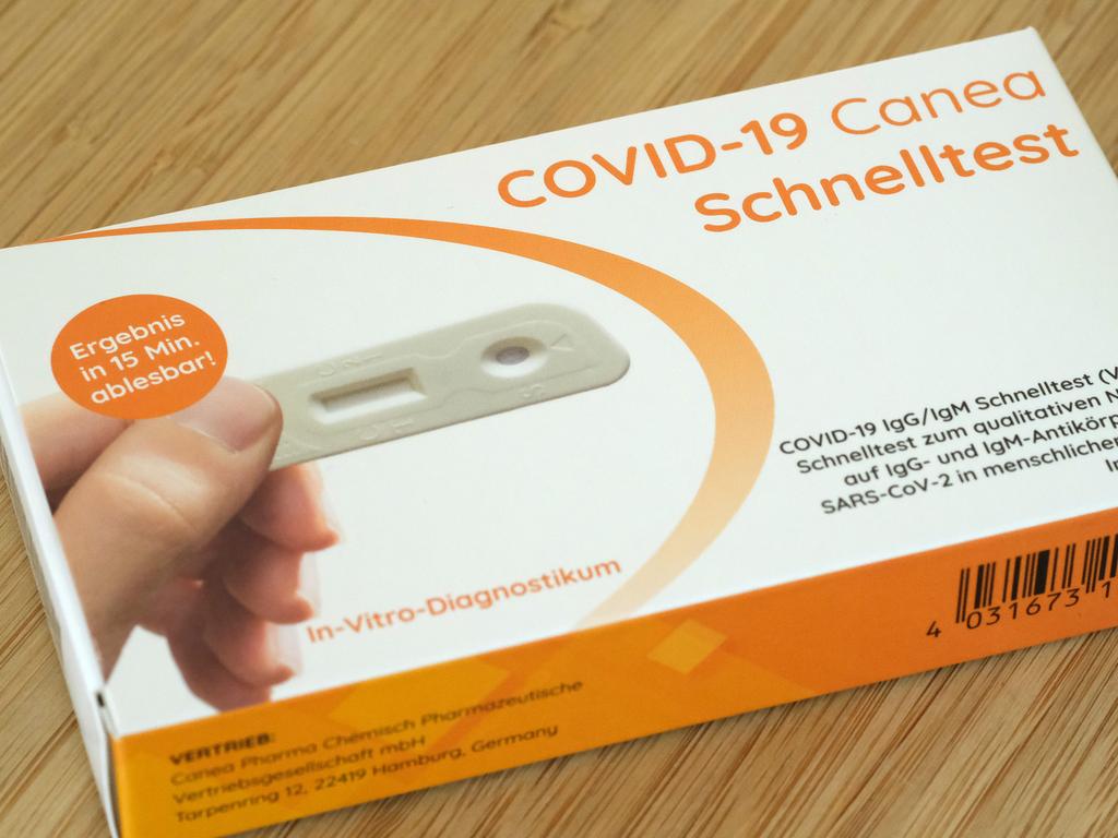 A COVID-19 home-testing kit, purchased at a local pharmacy in Berlin. Picture: Getty Images