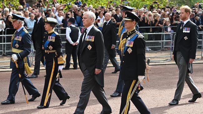 King Charles III, Princess Anne, Princess Royal, Prince Andrew, Duke of York, Prince Edward, Earl of Wessex and Prince Harry, Duke of Sussex walk behind the coffin along The Mall during the procession for the Lying-in State of Queen Elizabeth II. Picture: Getty