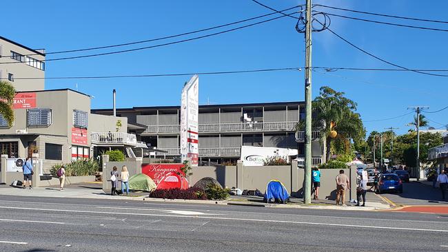 Activists protest outside a Kangaroo Point hotel in Brisbane. Picture: Nathan Edwards