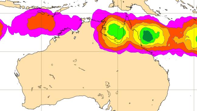 A tropical storm strike probability chart by the European Centre for Medium-Range Weather Forecasts showing a heightened chance of a tropical cyclone for North Queensland.