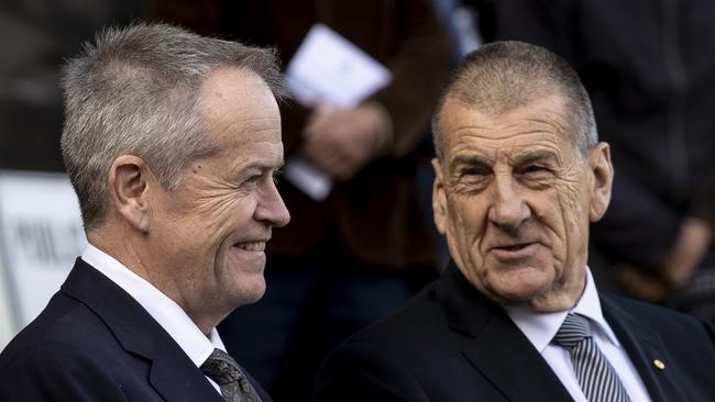 Bill Shorten and Jeff Kennett at the state funeral service for Father Bob Maguire on May 05, 2023 in Melbourne. Picture: Sam Tabone