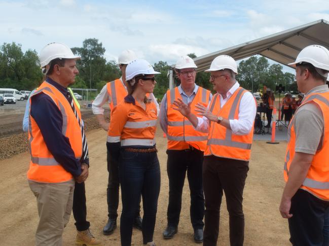 Prime Minister Anthony Albanese and Premier Steven Miles today celebrated construction progress on the $1.73 billion Rockhampton Ring Road. Picture: Aden Stokes