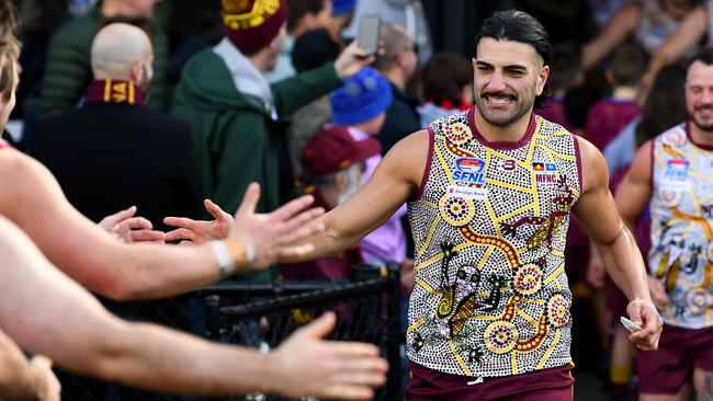 SFNL: Murrumbeena’s Steve Tolongs runs out onto the field for his 200th game. Picture: Josh Chadwick