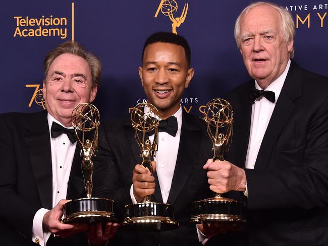 John Legend with musical icons, Sir Andrew Lloyd Webber and Tim Price during the  Creative Arts Emmys in LA. Picture: Getty Images/AFP