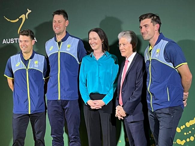 Alex Carey on the left, Beau Webster, Alison Mitchell, High Commissioner Stephen Smith, Pat Cummins at Australia House in London. Picture: Sophie Elsworth
