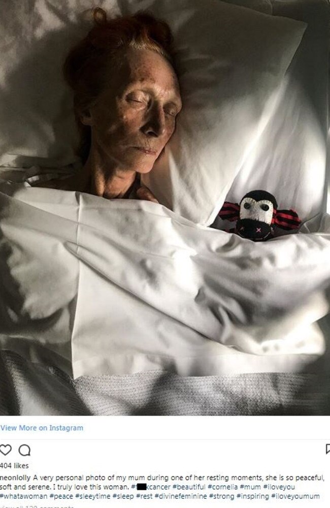 Cornelia Frances' son Lawrence’s touching tribute to his mum. He wrote: “A very personal photo of my mum during one of her resting moments, she is so peaceful, soft and serene. I truly love this woman.” Picture: Instagram/@neonlolly