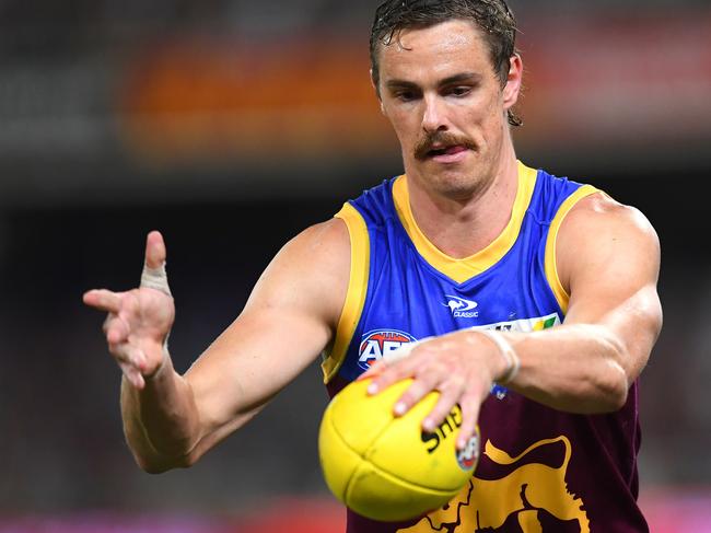 BRISBANE, AUSTRALIA - APRIL 14: Joe Daniher of the Lions in action during the round five AFL match between the Brisbane Lions and the Collingwood Magpies at The Gabba on April 14, 2022 in Brisbane, Australia. (Photo by Albert Perez/AFL Photos/Getty Images)