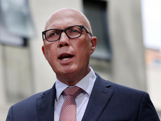 DAILY TELEGRAPH 4TH DECEMBER 2023Pictured is the Leader of the Opposition Peter Dutton addressing the media outside the Mizrachi Synagogue in Bondi.Picture: Richard Dobson