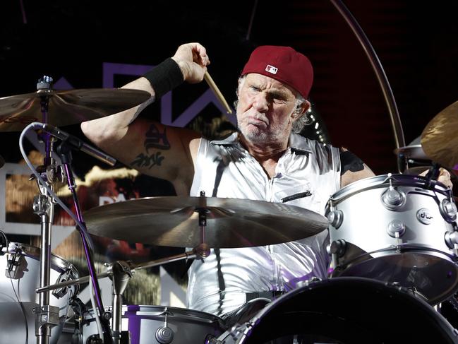 Red Hot Chili Peppers’ Chad Smith on stage for the band’s first concert at Accor Stadium at Sydney Olympic Park. Picture: Jonathan Ng