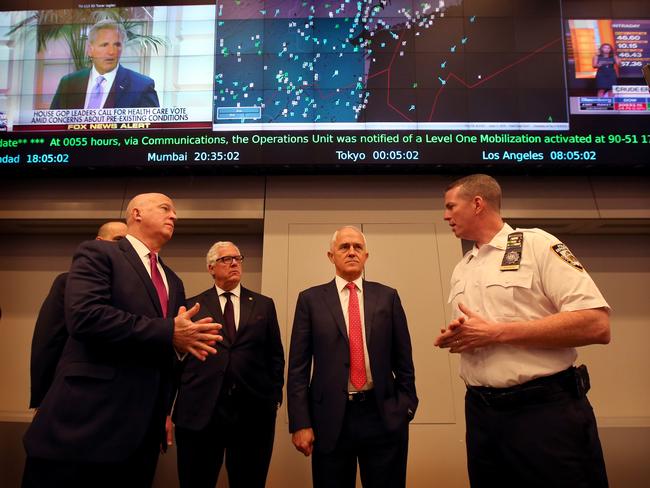 Prime Minister Malcolm Turnbull tours the NYPD Joint Operations Center. Picture: Nathan Edwards