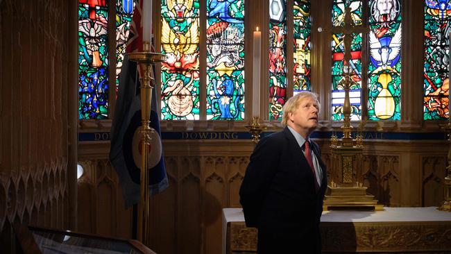 Boris Johnson visits the RAF Chapel ay Westminster Abbey to start VE Day commemorations. Picture: Getty Images