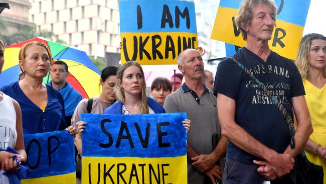 BRISBANE, AUSTRALIA - NewsWire Photos FEBRUARY 25, 2022:  Protest rally at Brisbane's King George Square in relation to the Russian invasion of Ukraine.Picture: NCA NewsWire / John Gass