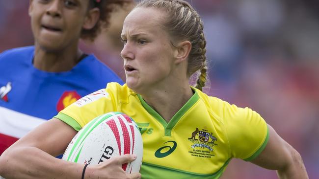 Emma Sykes of Australia scores during the Sydney 7's WomenÃâ¢s Cup Quarter-Final between match between Australia and  France at Spotless Stadium in Sydney, Saturday, February 2, 2019. (AAP Image/Craig Golding) NO ARCHIVING, EDITORIAL USE ONLY