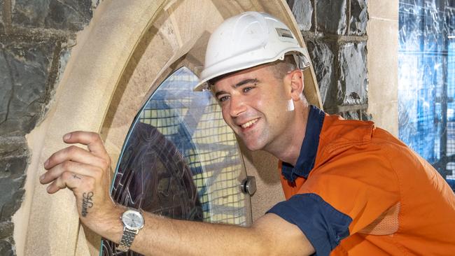 Blake Roxborough, foreman. Restoration of sandstone and windows of St Lukes Anglican church. Thursday, March 24, 2022. Picture: Nev Madsen.