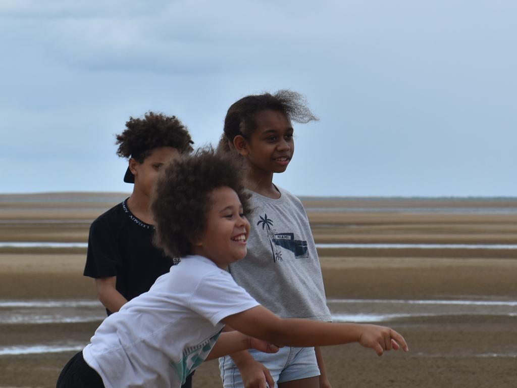 Lyle Davis, Chloe Yasserie and Harper Davis thong-throwing at the Mackay & District South Sea islander Association's 2022 Australia Day Celebrations in Quota Park. Picture: Lillian Watkins