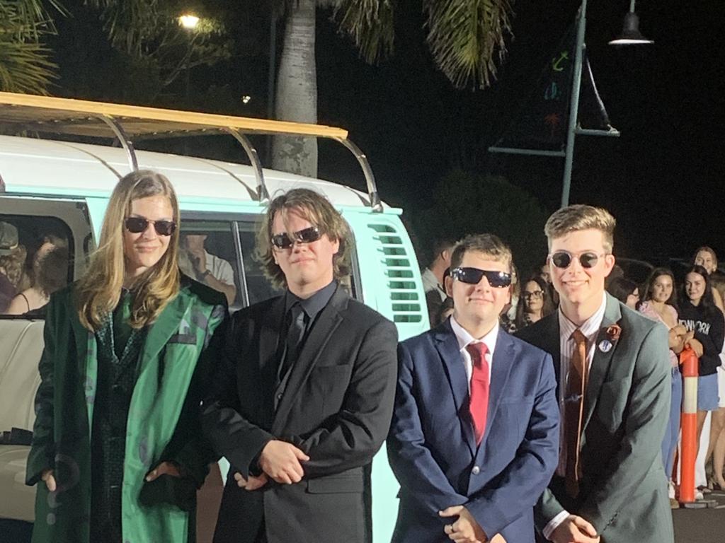 Cayden Broadbent, Stewart Grumley, JP Boshoff and Bailey Frampton on the red carpet of the 2023 Xavier College School Formal at the Hervey Bay Boat Club