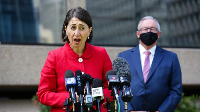 Gladys Berejiklian and NSW Health Minister Brad Hazzard at today’s COVID-19 update in Sydney. Picture: NCA NewsWire / Gaye Gerard