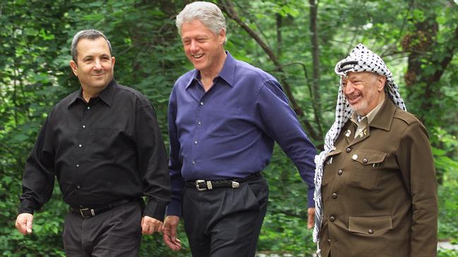 Israeli Prime Minister Ehud Barak, US President Bill Clinton and Palestinian leader Yasser Arafat in grounds of Camp David during a Middle East peace summit in 2000. Arafat turned down a deal that would have given his people most of the West Bank and all of Gaza.