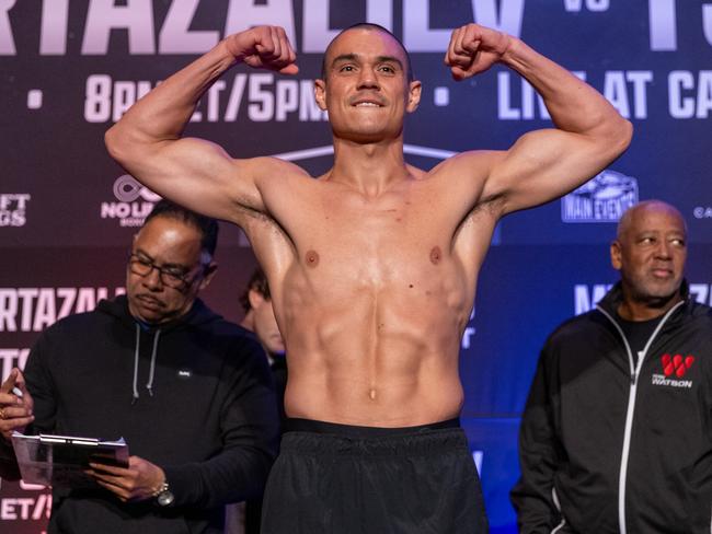 Former world champion Tim Tszyu and IBF Super Welterweight World Champion Bakhram Murtazaliev went face to face on Friday at the final weigh-in at  the Caribe Royale Resort in Orlando, USA. Picture: No Limit Boxing** NO SALES**