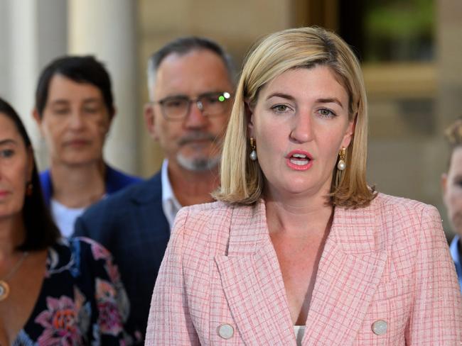 BRISBANE, AUSTRALIA - NewsWire Photos - OCTOBER 11, 2023. Queensland Acting Attorney-General Shannon Fentiman watched by with Sue and Lloyd Clarke, parents of murdered woman Hannah Clarke, after the passing of a coercive control legislation.Picture: Dan Peled / NCA NewsWire