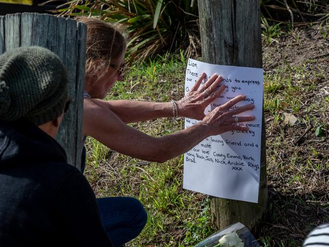 Friends of 26-year-old Liam Anderson, son of Angry Anderson, are pictured assembled at the site of Liam's murder. Liam was murdered in Queenscliff on Sunday morning, November 4, 2018. Picture: Monique Harmer