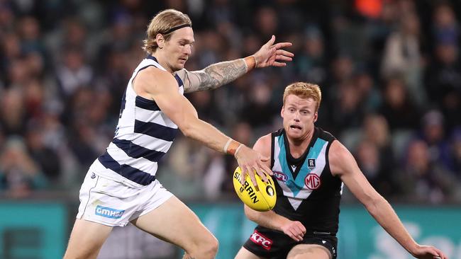 Tom Stewart was outstanding against the Power. Picture: Sarah Reed/AFL Photos via Getty Images