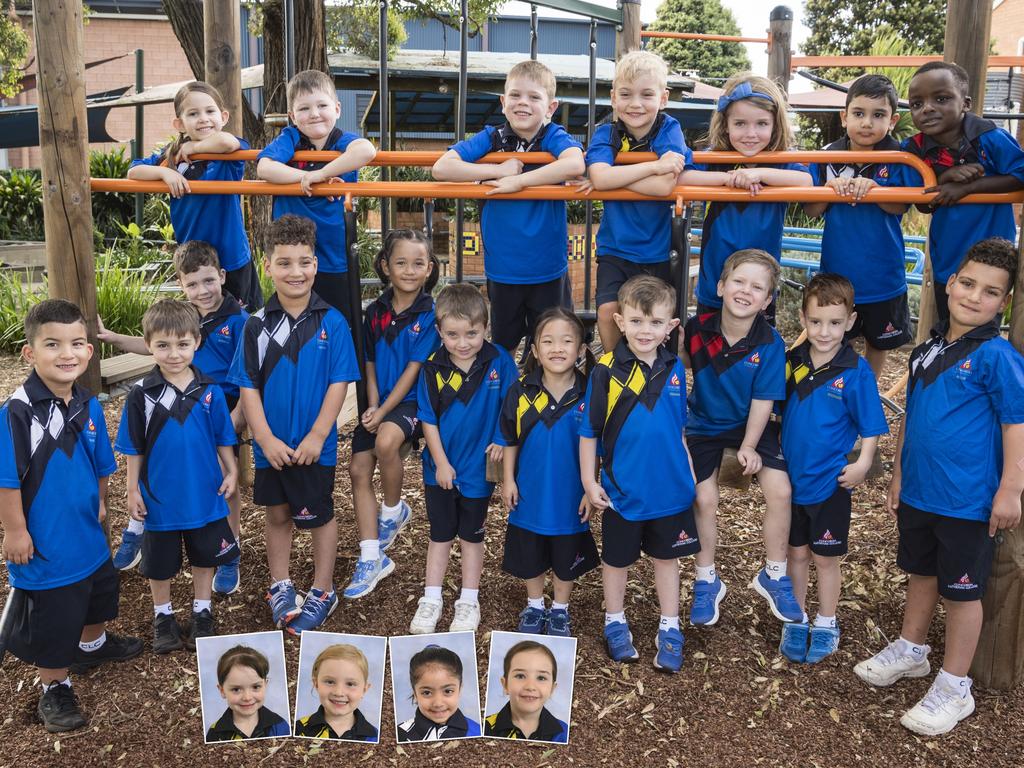 MY FIRST YEAR 2024: Concordia Lutheran College, Warwick Street Campus Prep students (front, from left) Manaia Sutherland, Lucca Famularo, Memphis Bramley, Zaki ElAttar, Madison Tamang, Harvey Bartlett, Shin-Ting Dadswell, Lincoln Jeffcoat, Patrick Bauer, Isaac Forsyth and Eddie ElAttar and (back, from left) Isla White, Hughy Stacey, Luca Barbagallo, Caleb Heuschele, Marley Blinco, Darsh Sharma and Babu Mohamed Adam. Inset are (from left) Teleah Arthur, Sarah Moore, Harliv Pandher and Harriet Reich, Wednesday, February 7, 2024. Picture: Kevin Farmer / Contributed