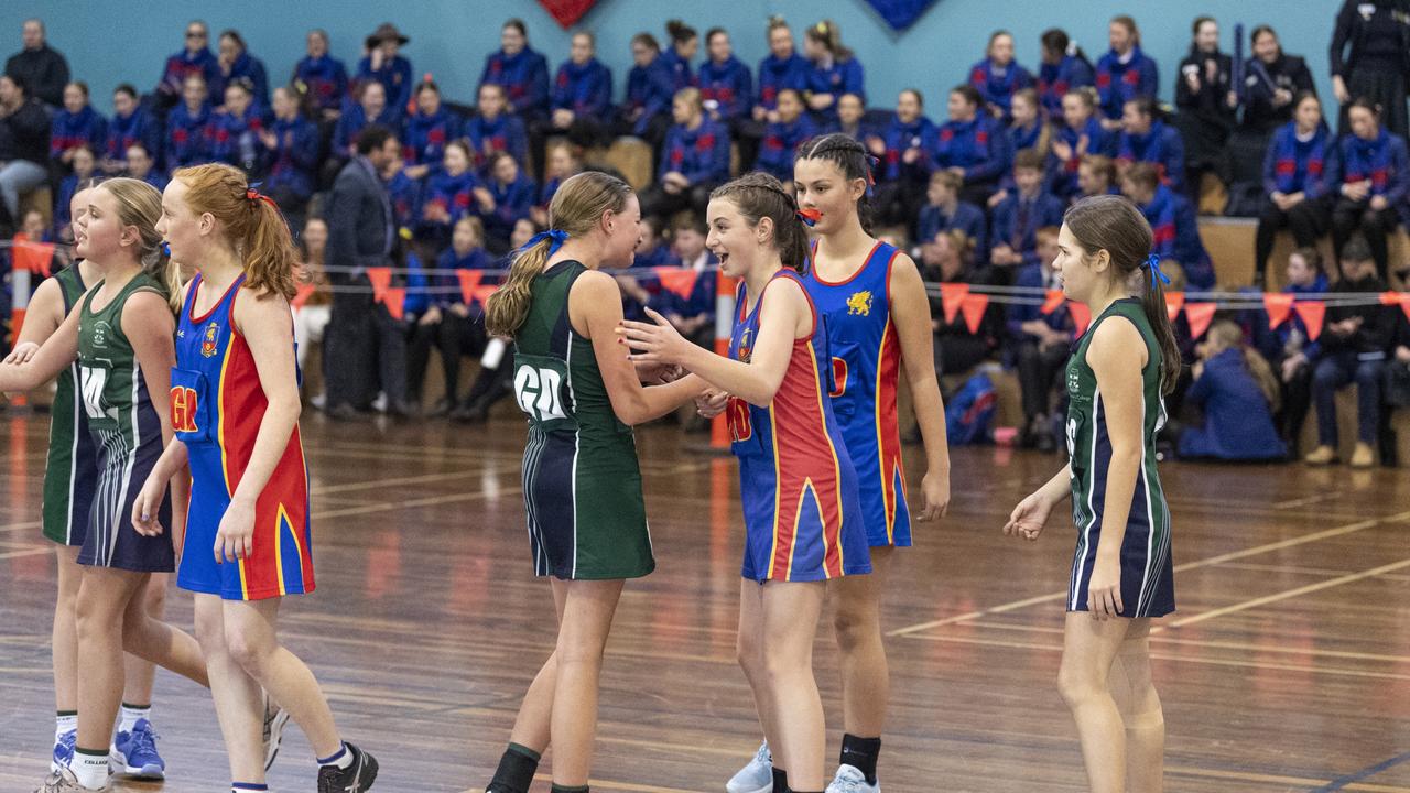 Fulltime in Downlands Junior C against St Ursula's Junior Development in Merici-Chevalier Cup netball at Salo Centre, Friday, July 19, 2024. Picture: Kevin Farmer