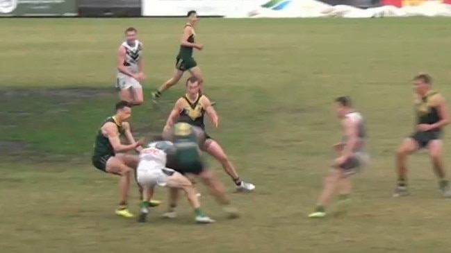 Leopold's Sam Scott was reported for his bump on Charlie Sprague. Picture: AFL Barwon TV.