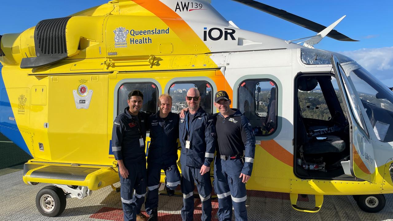 The Brisbane-based LifeFlight crew who flew out to help John Pullen. Co-pilot Salman Riaz, LifeFlight critical care doctor Magnus Hedberg, flight nurse Chris Eustace, and pilot in charge Mark Overton.