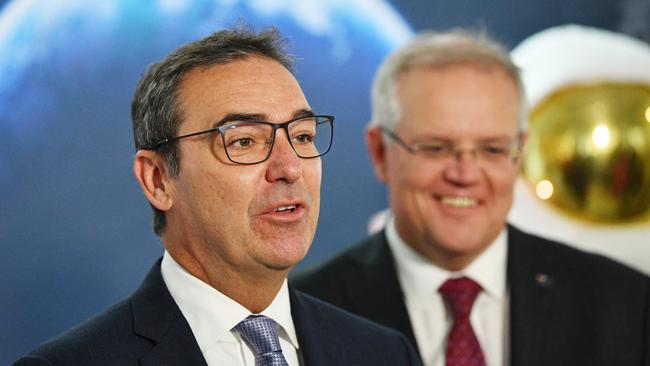 The-then SA premier Steven Marshall and Prime Minister Scott Morrison during the opening of the Australian Space Agency at Lot Fourteen in February, 2020. Picture: AAP / David Mariuz