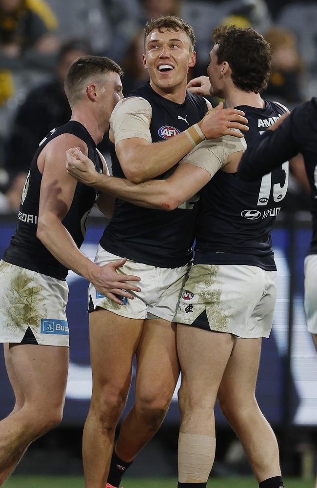 Patrick Cripps of the Blues celebrates a 3rd quarter goal. Picture: Michael Klein