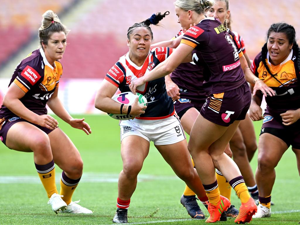 Destiny Brill of the Roosters attempts to power through the Brisbane defence. Picture: Bradley Kanaris/Getty Images