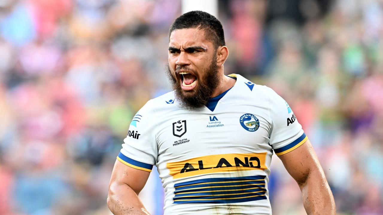 BRISBANE, AUSTRALIA - MAY 15: Isaiah Papali'i of the Eels celebrates scoring a try during the round 10 NRL match between the Sydney Roosters and the Parramatta Eels at Suncorp Stadium, on May 15, 2022, in Brisbane, Australia. (Photo by Bradley Kanaris/Getty Images)