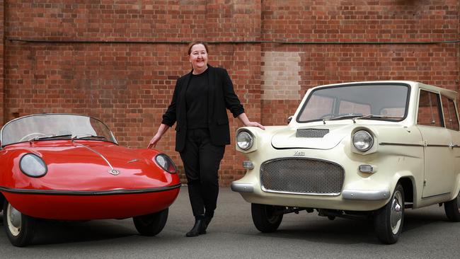 Powerhouse CEO Lisa Havilah with a 1959 Goggomobil Dart minicar a 1964 Lightburn Zeta, in Ultimo. Picture: Justin Lloyd.