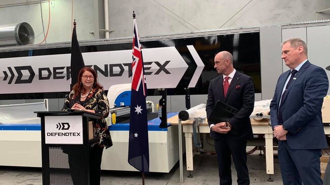 Senator David Van and former Defence Industry Minister Melissa Price announcing a $2 million grant to Defendtex CEO Travis Reddy in August 2019