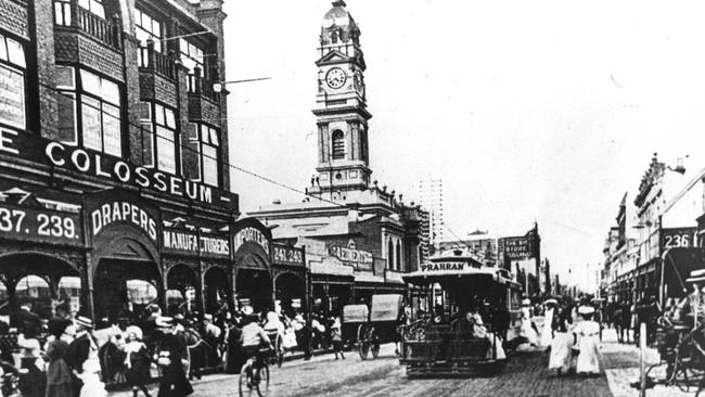 A fire at the Colosseum Department Store (far left) in 1914 spread to the Prahran Town Hall and damaged the main hall.