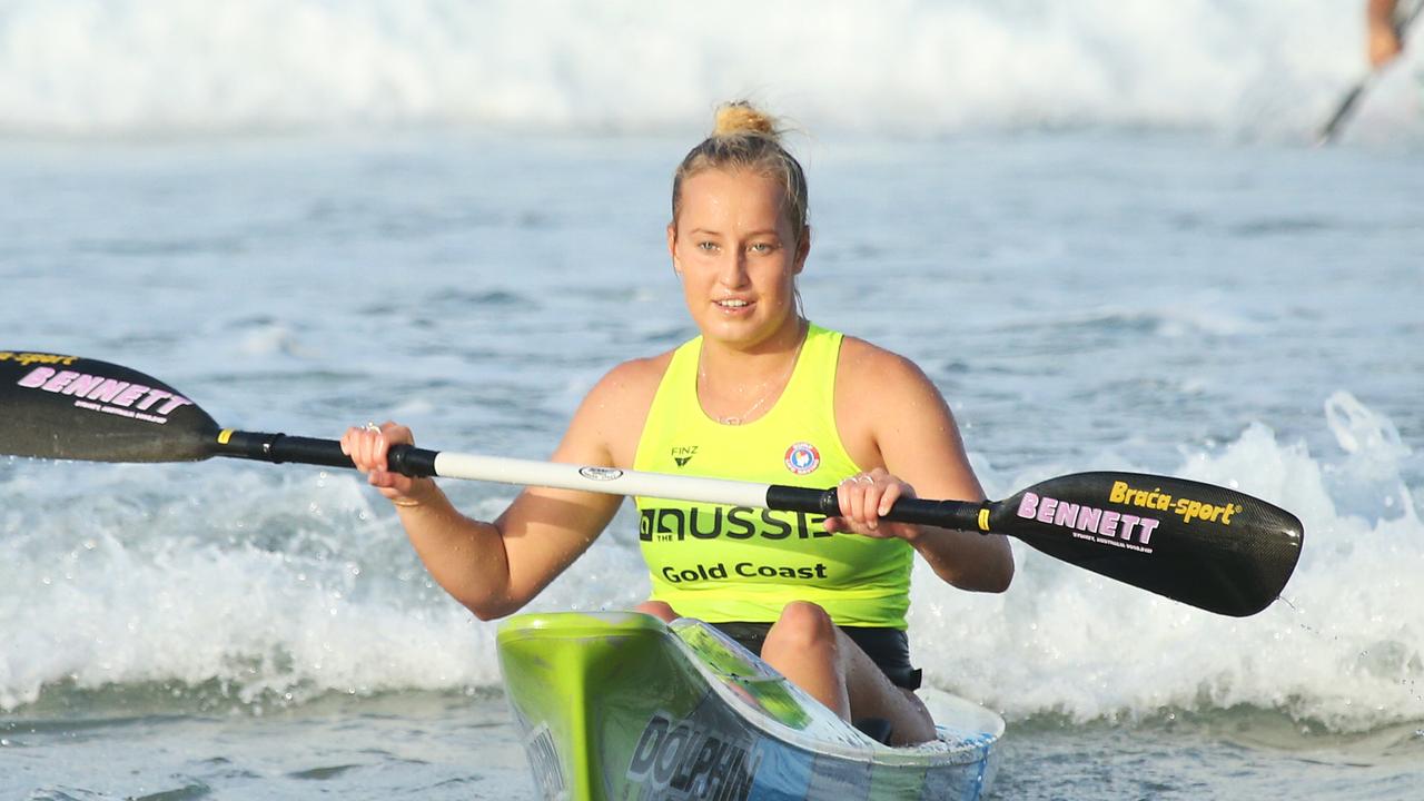 Gold Coast's surf life saving iron stars perform in a racing demonstration today for Sports Accord conference at Kurrawa. Brielle Cooper from Kurrawa during the womens event.   Picture Glenn Hampson