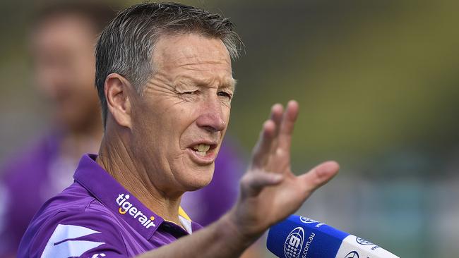 SUNSHINE COAST, AUSTRALIA - AUGUST 30: Storm coach Craig Bellamy speaks in a pre game game television interview  before the start of the round 16 NRL match between the Melbourne Storm and the Manly Sea Eagles at Sunshine Coast Stadium on August 30, 2020 in Sunshine Coast, Australia. (Photo by Ian Hitchcock/Getty Images)