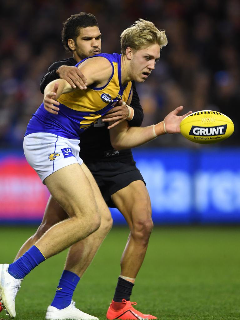 Future teammates? Oscar Allen of the Eagles and Petrevski-Seton at Marvel Stadium. Picture: AAP