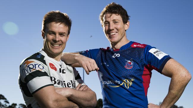 Warringah Rats captain Hamish Angus (left) and Manly Marlins captain Harry Bergelin are ready for another fierce tussle between their two sides on Saturday. Picture: Dylan Robinson