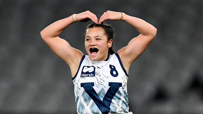 Mekah Morrissy celebrates a late goal for Victoria Country. Picture: Josh Chadwick/AFL Photos