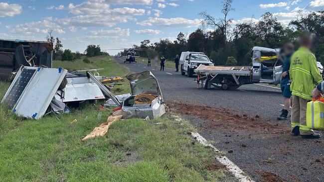 Two people were injured in a single-vehicle rollover on the Carnarvon highway at Wellesley on Tuesday afternoon. LifeFlight aeromedical services flown one of the occupants to Roma Hospital. Photo: LifeFlight.