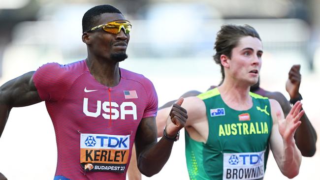 BUDAPEST, HUNGARY - AUGUST 20: Fred Kerley of Team United States and Rohan Browning of Team Australia  compete in the Men's 100m Semi Final during day two of the World Athletics Championships Budapest 2023 at National Athletics Centre on August 20, 2023 in Budapest, Hungary. (Photo by Hannah Peters/Getty Images)