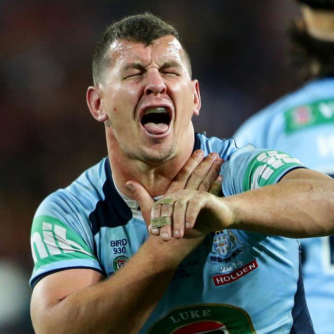 Greg Bird of NSW reacts after running into Nate Myles of QLD during the third State of Origin match played between Queensland and New South Wales. Pic Darren England.