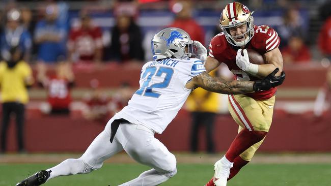 Christian McCaffrey of the San Francisco 49ers runs the ball against the Detroit Lions during the NFC Championship Game. Picture: Ezra Shaw/Getty Images